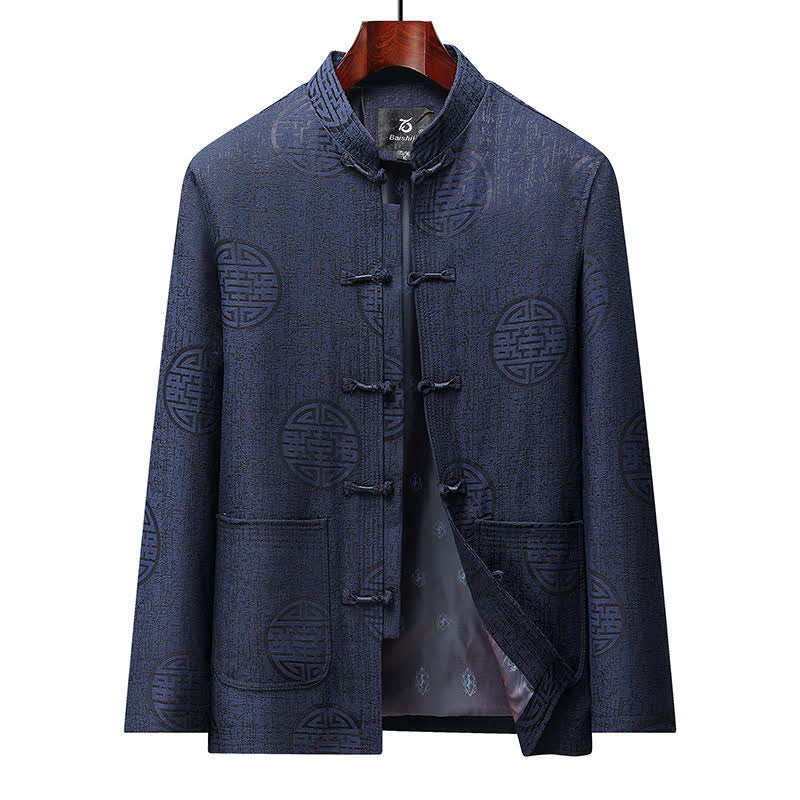 Buddha Stones Herbst/Winter Vintage Tang Style Herrenjacken mit Froschknopf, geometrischem Muster und Tasche - Marine - US/UK/AU44, EU54 (4XL) - image 0