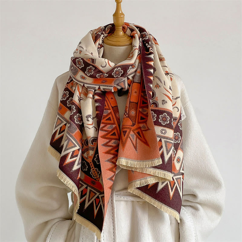 Buddha Stones Boho-Schal mit Mandala-Muster, geometrischem Bordürendruck und Quasten für Frühling und Herbst - Orange - 185 x 65 cm - image 0