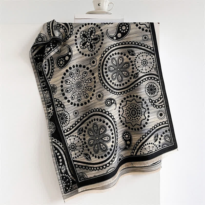 Buddha Stones Herbstlicher barocker Paisley-Schal mit Cashew-Blumenmuster und Quasten - Schwarz Grau - 190 x 70 cm - image 6