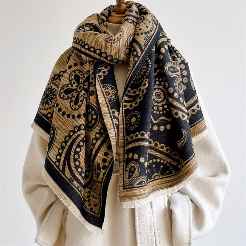 Buddha Stones Herbstlicher barocker Paisley-Schal mit Cashew-Blumenmuster und Quasten - Schwarzes Gold - 190 x 70 cm - image 0