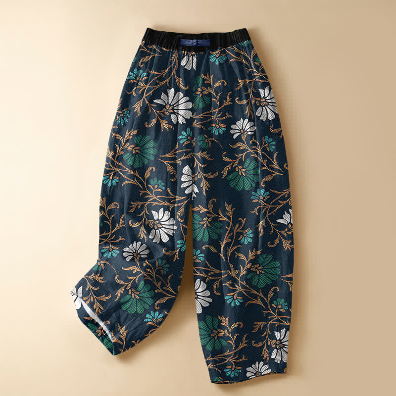 Buddha Stones Damen-Haremshose aus reiner Baumwolle mit botanischem Blumen- und Blattmuster, Froschknopfverschluss, elastischem Bund und Taschen - Marine - US16, UK/AU20, EU48 (3XL) - image 0