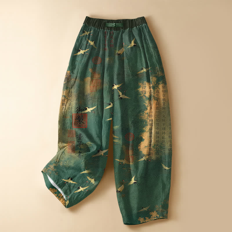 Buddha Stones Damen-Haremshose aus reiner Baumwolle mit Vintage-Kranich-Kalligrafiemuster, Froschknopfverschluss, elastischem Bund und Taschen - SeaGreen - US16, UK/AU20, EU48 (3XL) - image 0