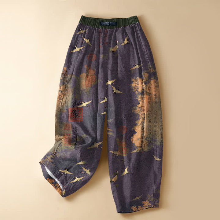 Buddha Stones Damen-Haremshose aus reiner Baumwolle mit Vintage-Kranich-Kalligrafiemuster, Froschknopfverschluss, elastischem Bund und Taschen - Indigo - US16, UK/AU20, EU48 (3XL) - image 7