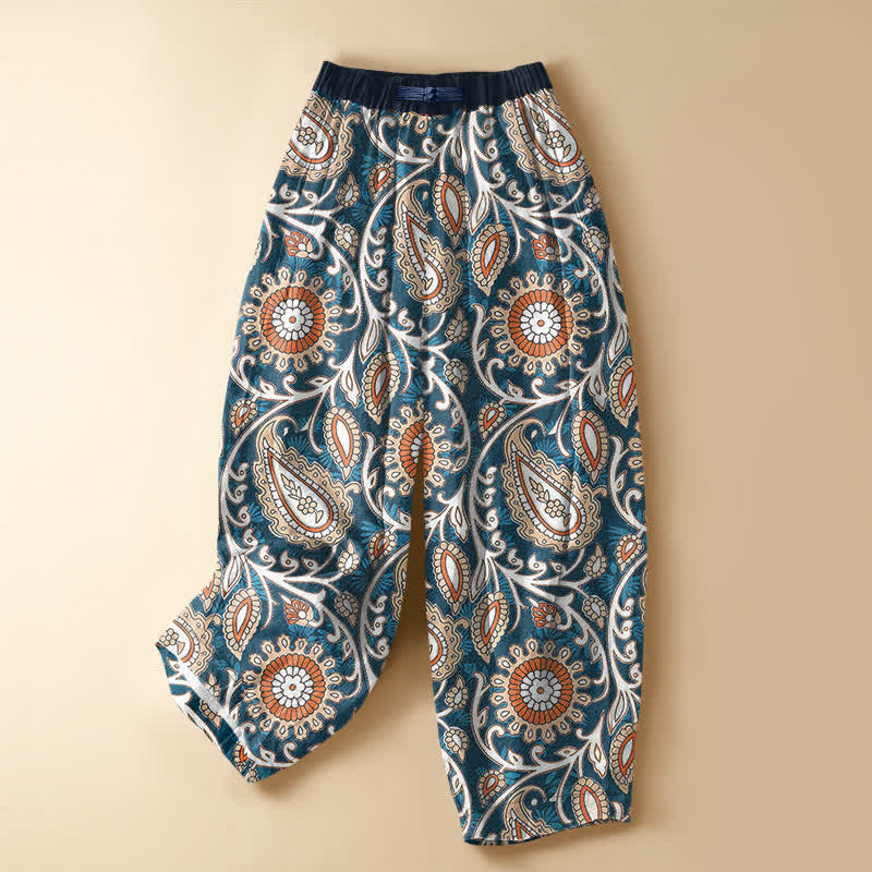 Buddha Stones Damen-Haremshose aus reiner Baumwolle mit böhmischem Paisley-Blumenmuster, Froschknopfverschluss, elastischem Bund und Taschen - SteelBlue - US16, UK/AU20, EU48 (3XL) - image 0