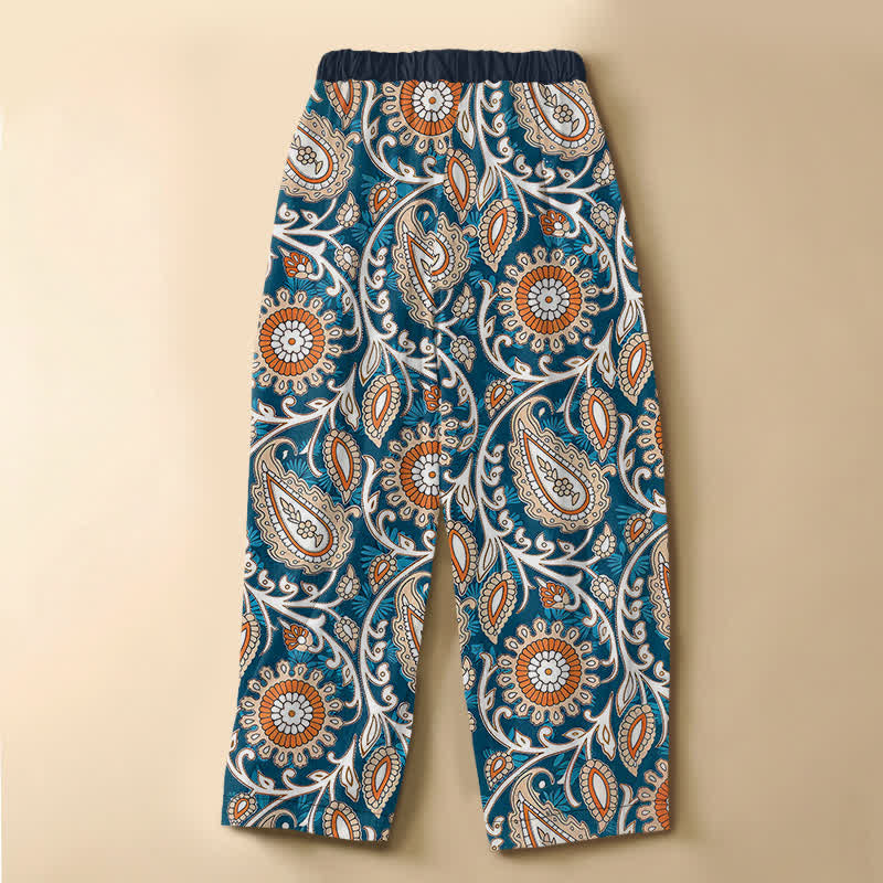 Buddha Stones Damen-Haremshose aus reiner Baumwolle mit böhmischem Paisley-Blumenmuster, Froschknopfverschluss, elastischem Bund und Taschen - image 1