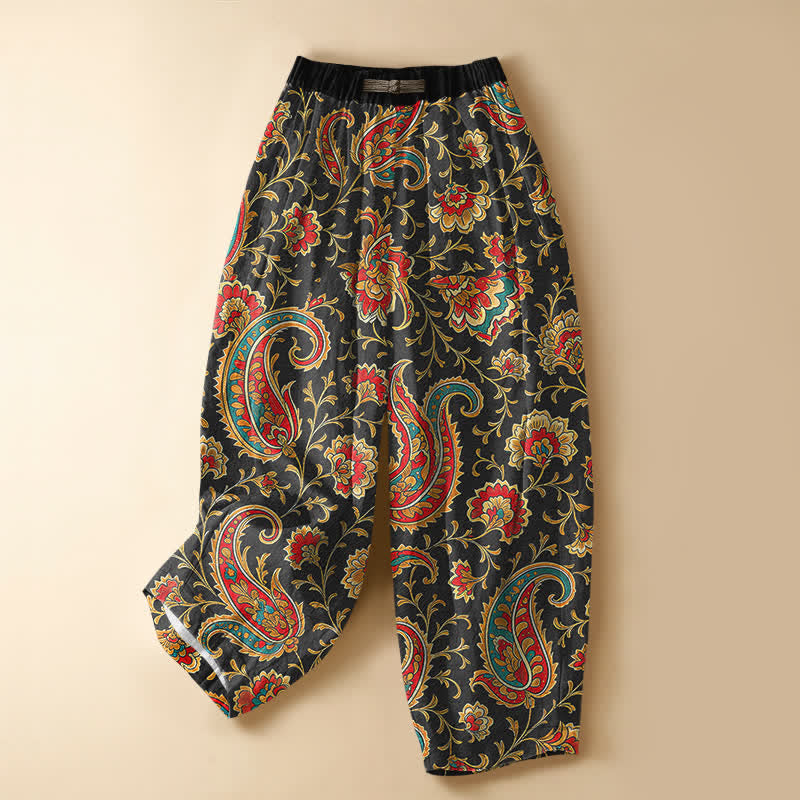 Buddha Stones Damen-Haremshose aus reiner Baumwolle mit Retro-Blumenmuster, Froschknopfverschluss, elastischem Bund und Taschen - Schwarz - US16, UK/AU20, EU48 (3XL) - image 0