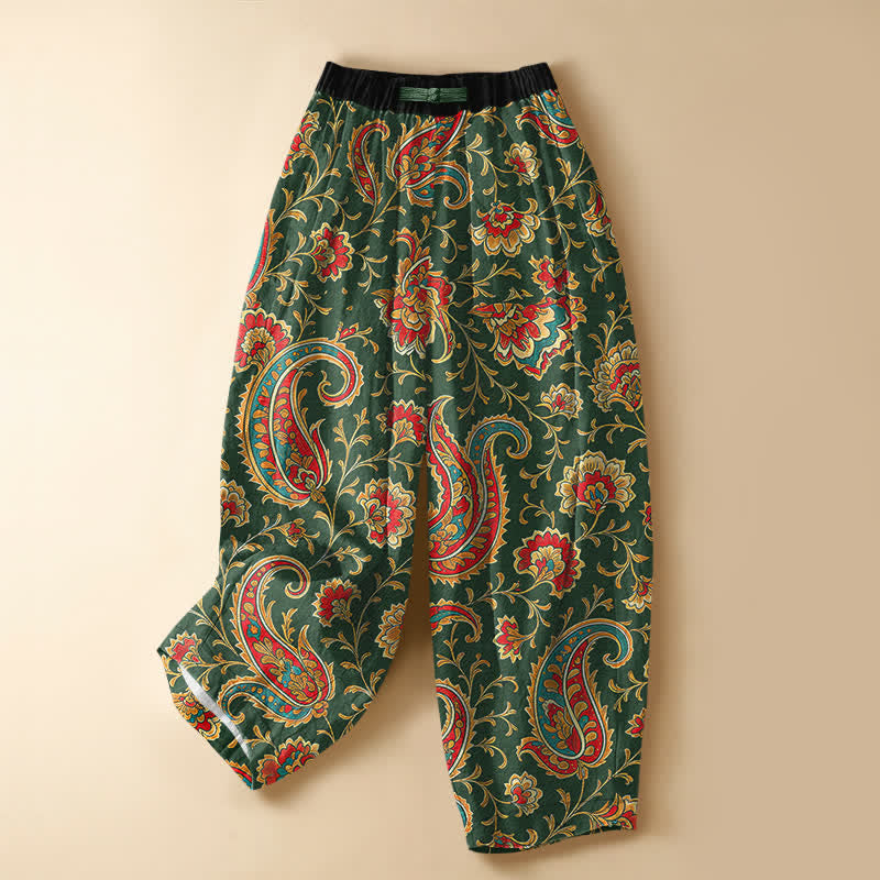 Buddha Stones Damen-Haremshose aus reiner Baumwolle mit Retro-Blumenmuster, Froschknopfverschluss, elastischem Bund und Taschen - Waldgrün - US16, UK/AU20, EU48 (3XL) - image 5