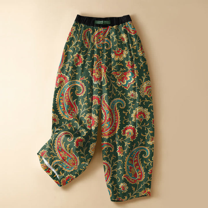Buddha Stones Damen-Haremshose aus reiner Baumwolle mit Retro-Blumenmuster, Froschknopfverschluss, elastischem Bund und Taschen - Waldgrün - US16, UK/AU20, EU48 (3XL) - image 5