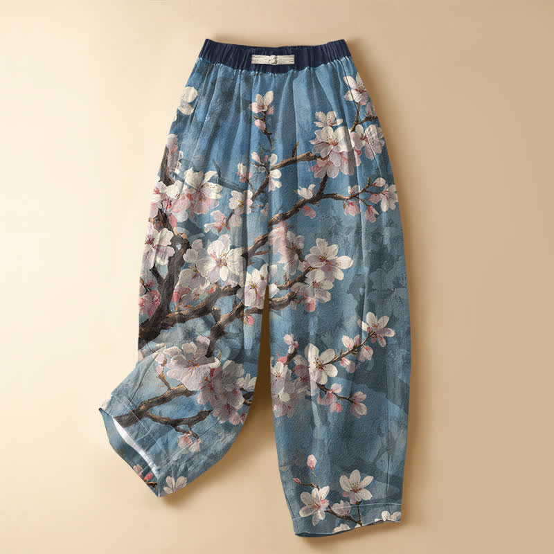 Buddha Stones Damen-Haremshose aus reiner Baumwolle mit Vintage-Sakura-Zweigmuster, Froschknopfverschluss, elastischem Bund und Taschen - Hellblau - US16, UK/AU20, EU48 (3XL) - image 0