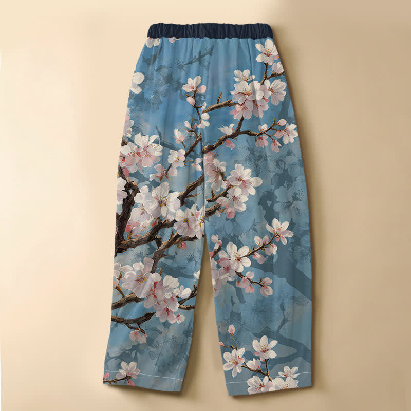 Buddha Stones Damen-Haremshose aus reiner Baumwolle mit Vintage-Sakura-Zweigmuster, Froschknopfverschluss, elastischem Bund und Taschen - image 1