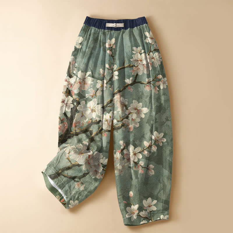 Buddha Stones Damen-Haremshose aus reiner Baumwolle mit Vintage-Sakura-Zweigmuster, Froschknopfverschluss, elastischem Bund und Taschen - Hellgrün - US16, UK/AU20, EU48 (3XL) - image 7