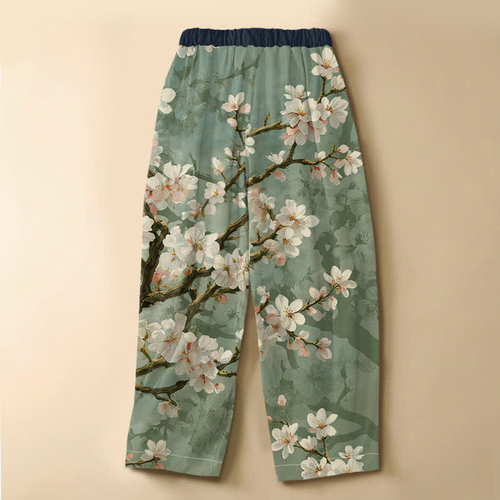 Buddha Stones Damen-Haremshose aus reiner Baumwolle mit Vintage-Sakura-Zweigmuster, Froschknopfverschluss, elastischem Bund und Taschen - image 8