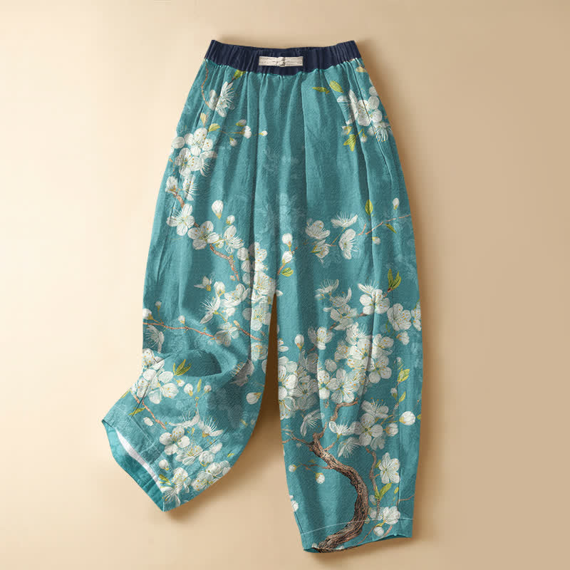 Buddha Stones Damen-Haremshose aus reiner Baumwolle mit Vintage-Blumenmuster, Froschknopfverschluss, elastischem Bund und Taschen - Mitteltürkis - US16, UK/AU20, EU48 (3XL) - image 0