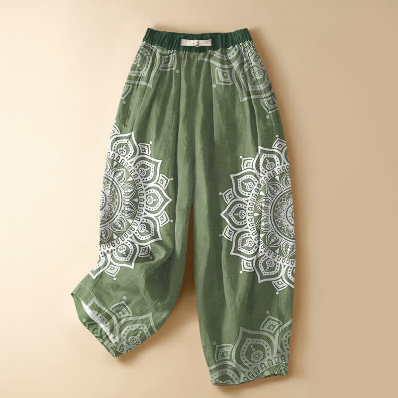 Buddha Stones Damen-Haremshose aus reiner Baumwolle mit weißem Mandala-Muster im Bohème-Stil, Froschknöpfen, elastischem Bund und Taschen - Olivgrün - US16, UK/AU20, EU48 (3XL) - image 0