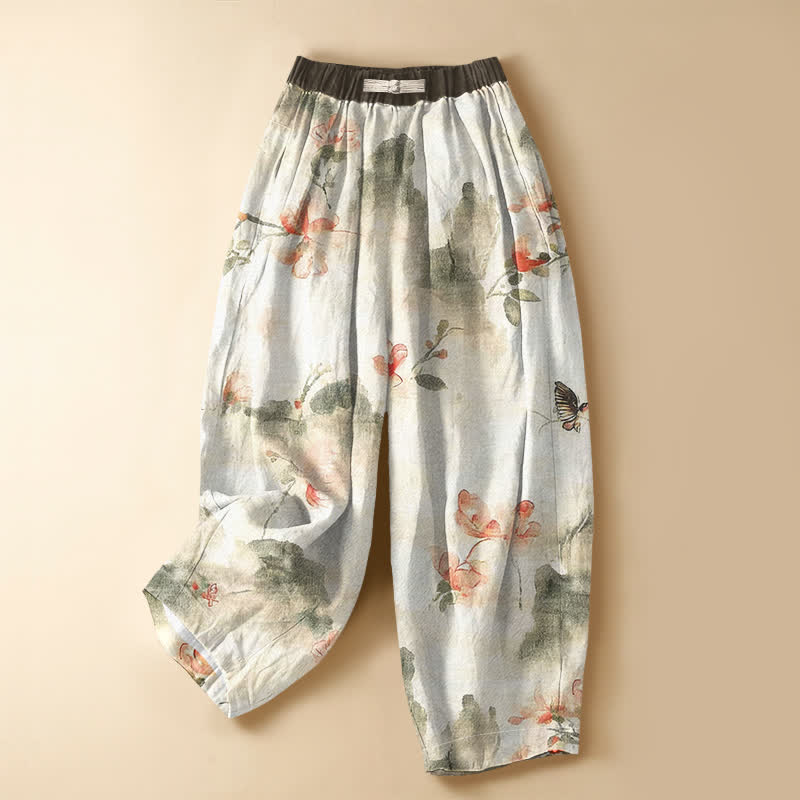Buddha Stones Damen-Haremshose aus reiner Baumwolle mit Aquarell-Blumen- und Schmetterlingsmuster, Froschknopfverschluss, elastischem Bund und Taschen - Elfenbein - US16, UK/AU20, EU48 (3XL) - image 0
