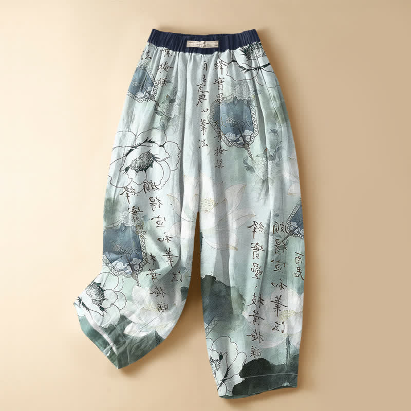 Buddha Stones Damen-Haremshose aus reiner Baumwolle mit orientalischem Blumenmuster, Tintenwaschung, Froschknopfverschluss, elastischem Bund und Taschen - Aquamarin - US16, UK/AU20, EU48 (3XL) - image 0