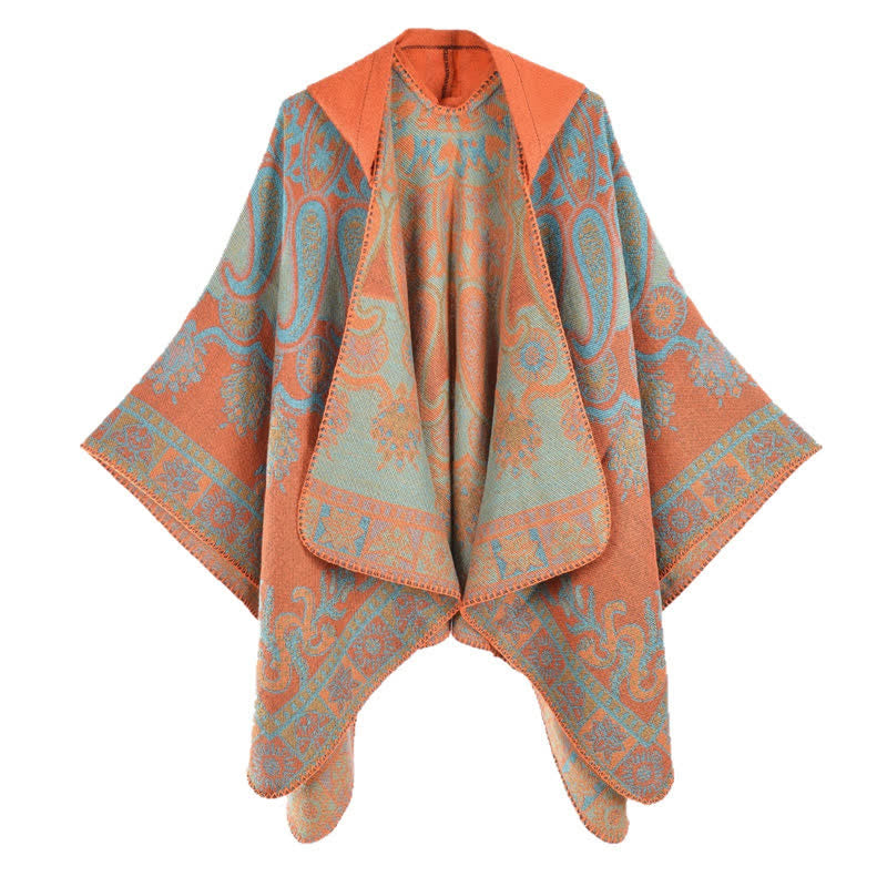 Buddha Stones Herbst Winter Kapuzen-Poncho im Boho-Stil mit Paisley-Muster und geometrischen Formen - image 3