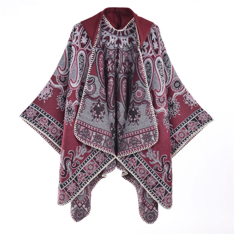 Buddha Stones Herbst Winter Kapuzen-Poncho im Boho-Stil mit Paisley-Muster und geometrischen Formen - image 21