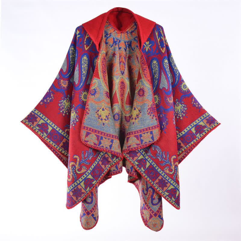 Buddha Stones Herbst Winter Kapuzen-Poncho im Boho-Stil mit Paisley-Muster und geometrischen Formen - image 15