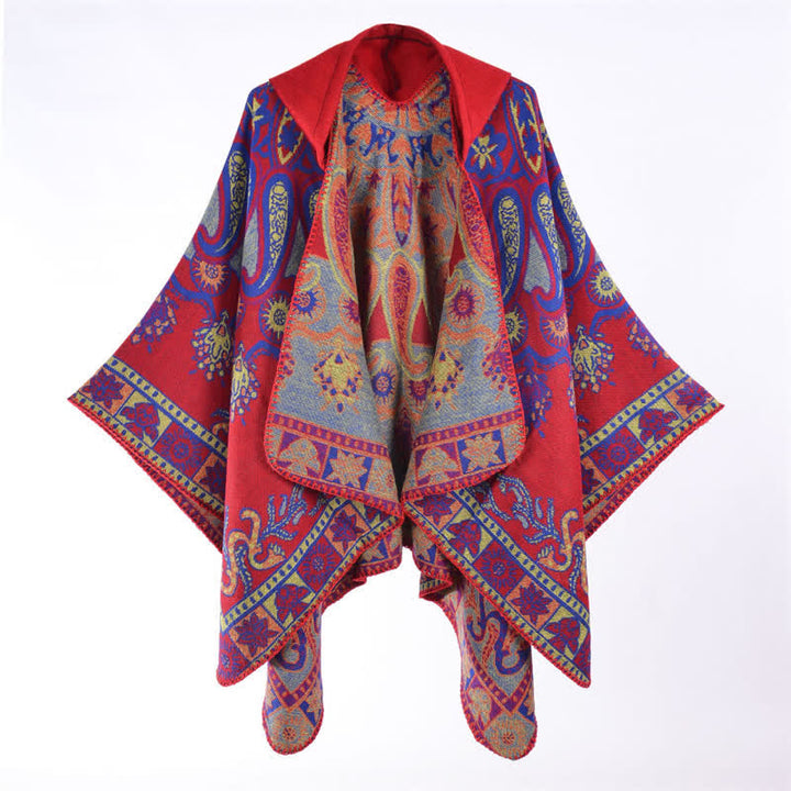 Buddha Stones Herbst Winter Kapuzen-Poncho im Boho-Stil mit Paisley-Muster und geometrischen Formen - image 15