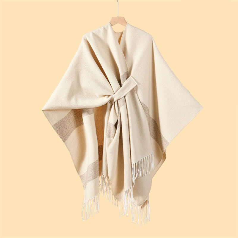 Buddha Stones Herbst-Winter-Schal im Boho-Stil mit Streifen, Quasten und Schnallen - Beige - 130 x 150 cm - image 7