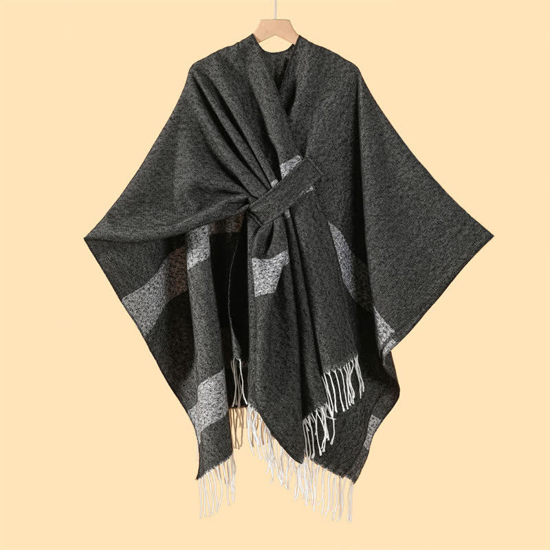 Buddha Stones Herbst-Winter-Schal im Boho-Stil mit Streifen, Quasten und Schnallen - Schwarz - 130 x 150 cm - image 0