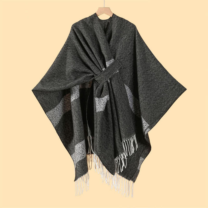 Buddha Stones Herbst-Winter-Schal im Boho-Stil mit Streifen, Quasten und Schnallen - Schwarz - 130 x 150 cm - image 0
