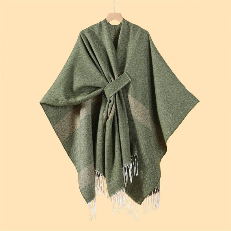 Buddha Stones Herbst-Winter-Schal im Boho-Stil mit Streifen, Quasten und Schnallen - Dunkelolivgrün - 130 x 150 cm - image 4