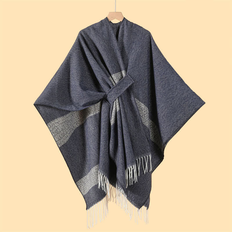 Buddha Stones Herbst-Winter-Schal im Boho-Stil mit Streifen, Quasten und Schnallen - DimGray - 130 x 150 cm - image 2
