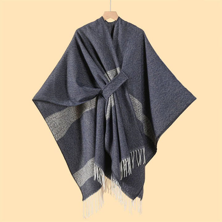 Buddha Stones Herbst-Winter-Schal im Boho-Stil mit Streifen, Quasten und Schnallen - DimGray - 130 x 150 cm - image 2
