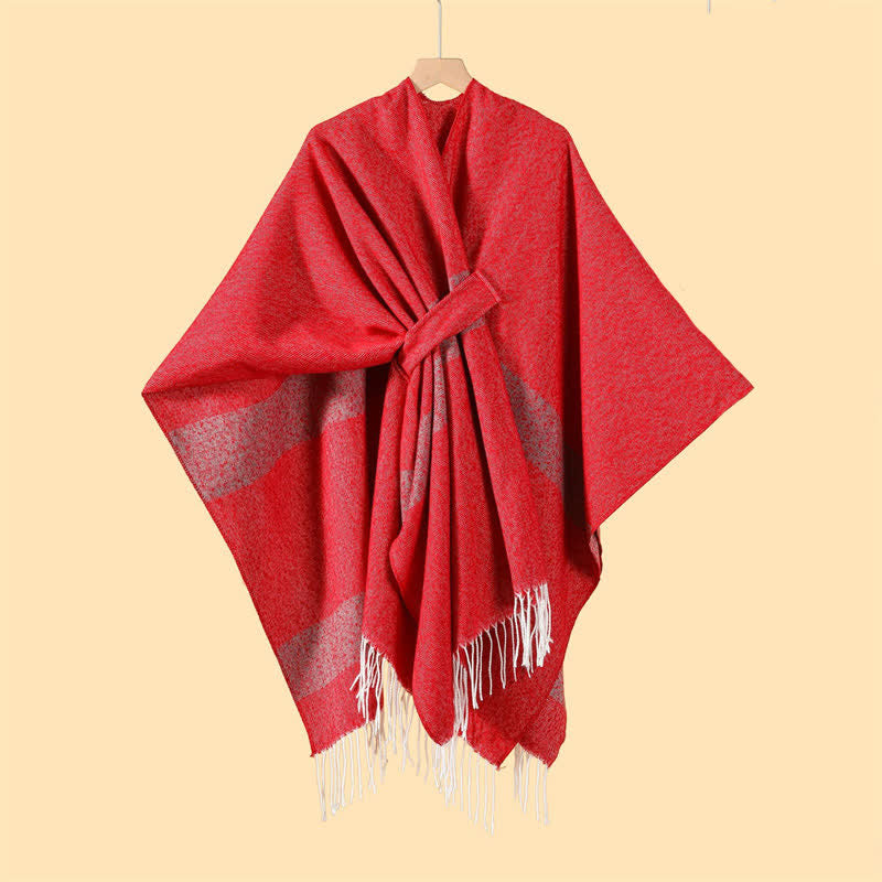 Buddha Stones Herbst-Winter-Schal im Boho-Stil mit Streifen, Quasten und Schnallen - Purpurrot - 130 x 150 cm - image 5