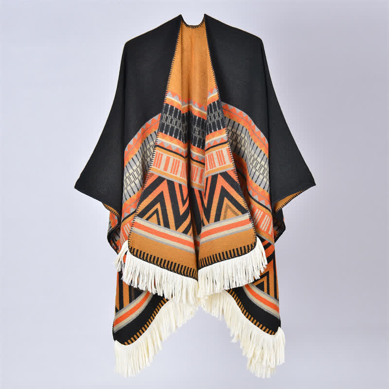 Buddha Stones Boho-Schal mit geometrischem Blumenmuster und Quasten für Herbst und Winter - Geometrisch Schwarz Orange - 155 x 136 cm - image 12