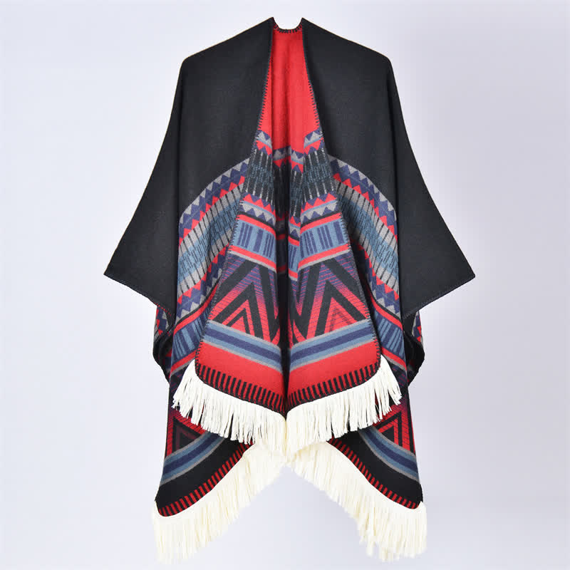Buddha Stones Boho-Schal mit geometrischem Blumenmuster und Quasten für Herbst und Winter - Geometrisch Schwarz Rot - 155 x 136 cm - image 16