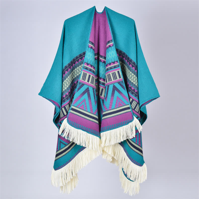 Buddha Stones Boho-Schal mit geometrischem Blumenmuster und Quasten für Herbst und Winter - Geometrisches Lila Grün - 155 x 136 cm - image 6
