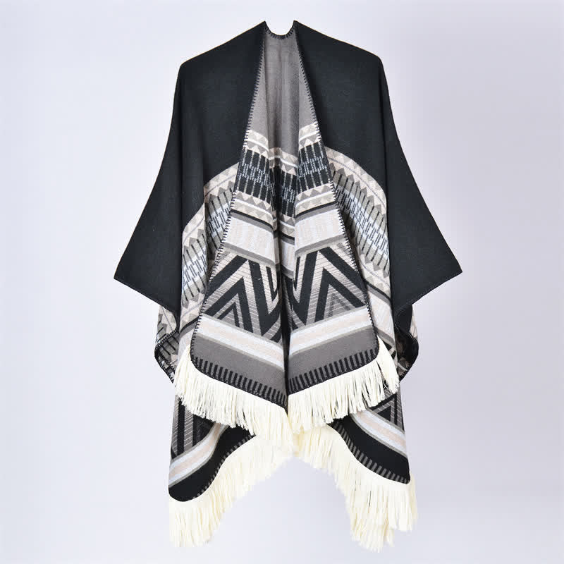 Buddha Stones Boho-Schal mit geometrischem Blumenmuster und Quasten für Herbst und Winter - Geometrisches Schwarz-Grau - 155 x 136 cm - image 3