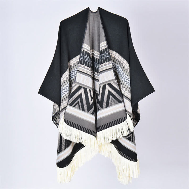 Buddha Stones Boho-Schal mit geometrischem Blumenmuster und Quasten für Herbst und Winter - Geometrisches Schwarz-Grau - 155 x 136 cm - image 3