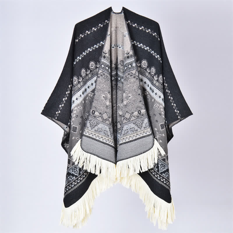 Buddha Stones Boho-Schal mit geometrischem Blumenmuster und Quasten für Herbst und Winter - Blume Schwarz Grau - 155 x 136 cm - image 21