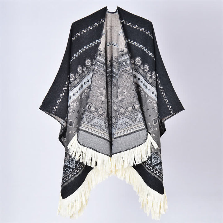 Buddha Stones Boho-Schal mit geometrischem Blumenmuster und Quasten für Herbst und Winter - Blume Schwarz Grau - 155 x 136 cm - image 21