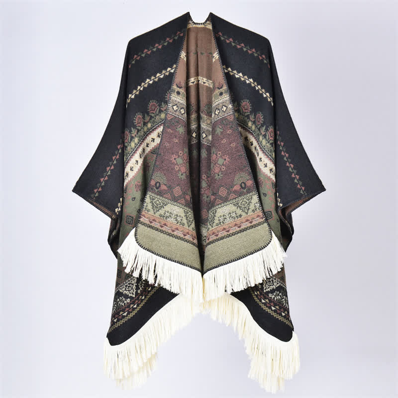Buddha Stones Boho-Schal mit geometrischem Blumenmuster und Quasten für Herbst und Winter - Blume Schwarz Grün - 155 x 136 cm - image 23