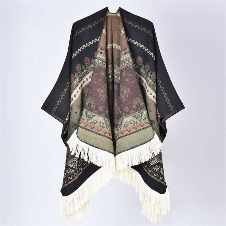 Buddha Stones Boho-Schal mit geometrischem Blumenmuster und Quasten für Herbst und Winter - Blume Schwarz Grün - 155 x 136 cm - image 23
