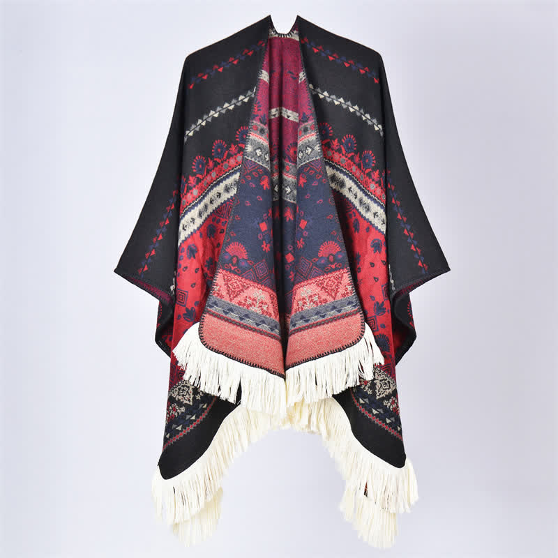 Buddha Stones Boho-Schal mit geometrischem Blumenmuster und Quasten für Herbst und Winter - Blume Schwarz Rot - 155 x 136 cm - image 28