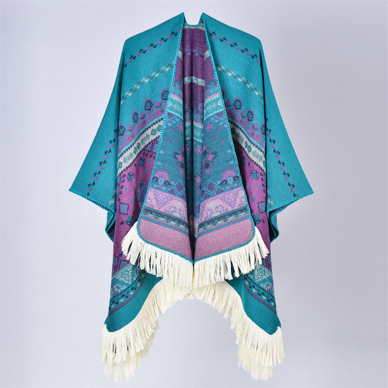 Buddha Stones Boho-Schal mit geometrischem Blumenmuster und Quasten für Herbst und Winter - Blume Lila Grün - 155 x 136 cm - image 32