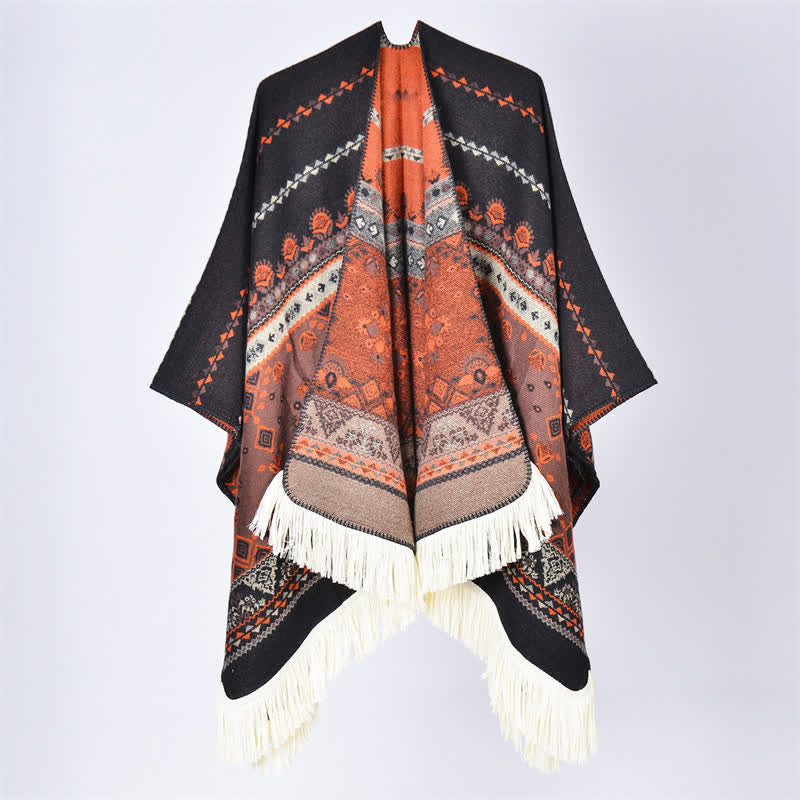 Buddha Stones Boho-Schal mit geometrischem Blumenmuster und Quasten für Herbst und Winter - Blume Schwarz Orange - 155 x 136 cm - image 30