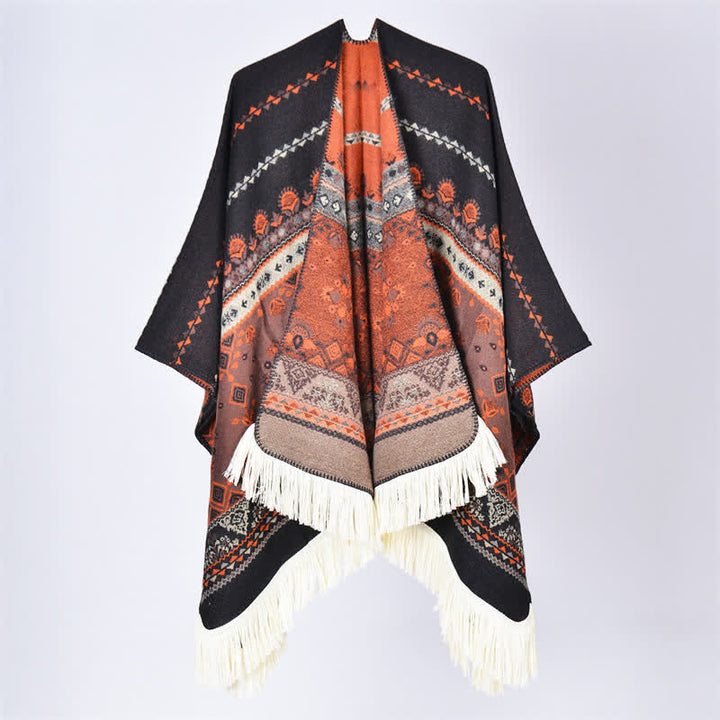 Buddha Stones Boho-Schal mit geometrischem Blumenmuster und Quasten für Herbst und Winter - Blume Schwarz Orange - 155 x 136 cm - image 30