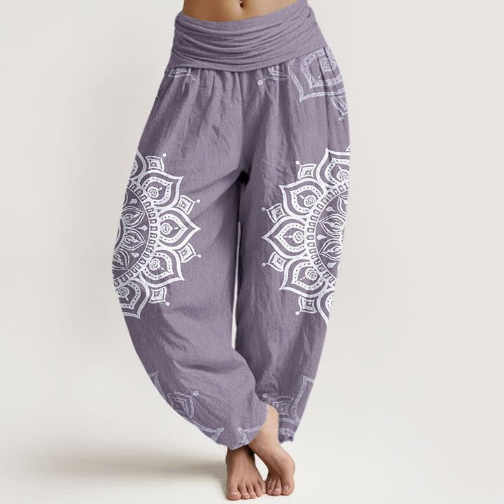 Buddha Stones Weiße Haremshose aus reiner Baumwolle mit Mandala-Blumenmuster und elastischem Bund. - Mittelviolett - US16, UK/AU20, EU48 (3XL) - image 5