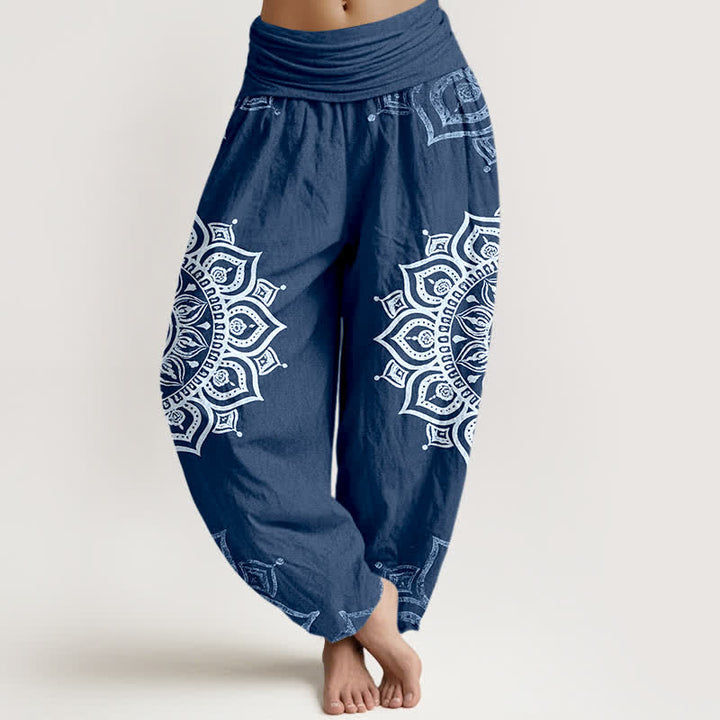 Buddha Stones Weiße Haremshose aus reiner Baumwolle mit Mandala-Blumenmuster und elastischem Bund. - SteelBlue - US16, UK/AU20, EU48 (3XL) - image 8