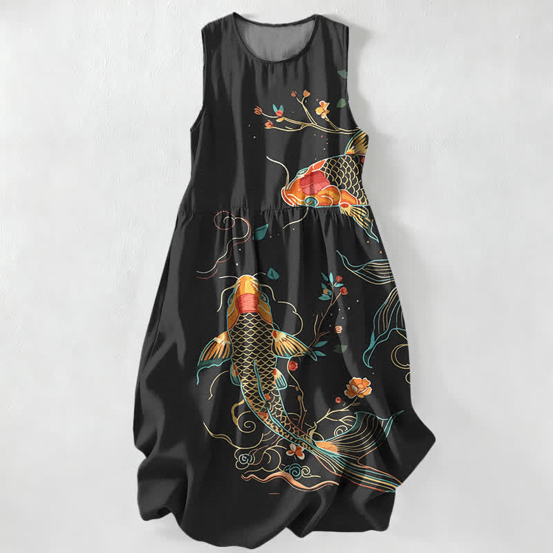 Buddha Stones Lässiges, sommerliches, ärmelloses Midikleid mit Koi-Fisch- und Blumenmuster sowie Taschen - Schwarz - US16, UK/AU20, EU48 (3XL) - image 0
