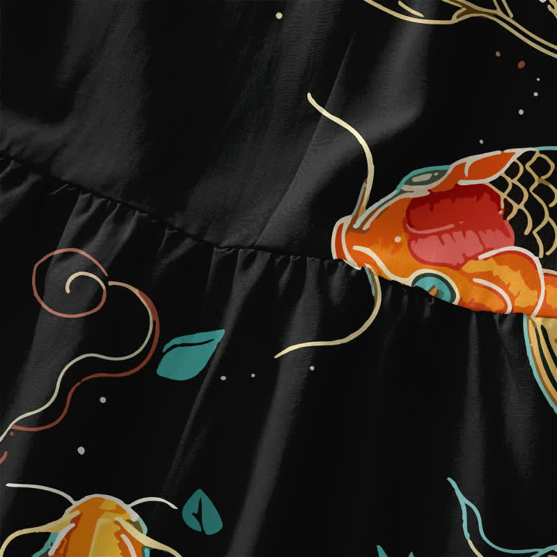 Buddha Stones Lässiges, sommerliches, ärmelloses Midikleid mit Koi-Fisch- und Blumenmuster sowie Taschen - image 1