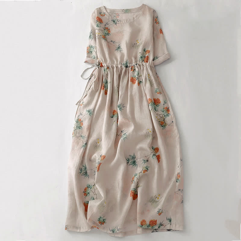 Buddha Stones Sommerliches Vintage-Kleid für Damen, beige, geblümt, mit Kordelzug, Rundhalsausschnitt, kurzen Ärmeln und Tasche, mit Rundhalsausschnitt und Tasche. - Antikweiß - US12, UK/AU16, EU44 (2XL) - image 0