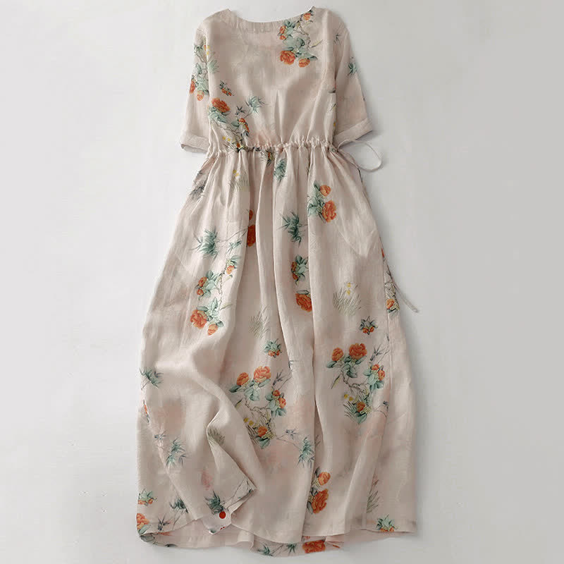 Buddha Stones Sommerliches Vintage-Kleid für Damen, beige, geblümt, mit Kordelzug, Rundhalsausschnitt, kurzen Ärmeln und Tasche, mit Rundhalsausschnitt und Tasche. - image 1
